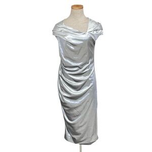 KEVAN HALL STUDIO Dress Gray Silver Velvety Sheath Asymmetrical Ruched Size 6